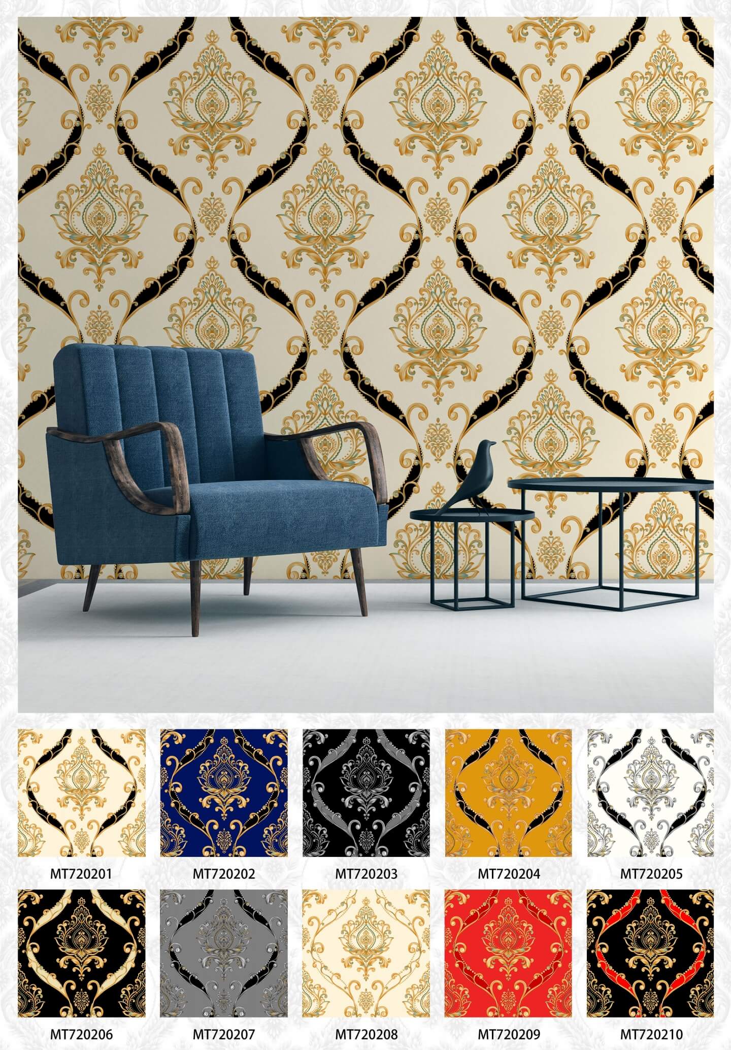 Damask Wallpaper in Cream And Metallic Gold from China manufacturer - Max